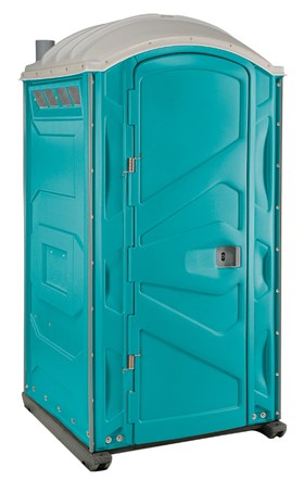 Teal portable toilet pictured for the built-in-sink rental option