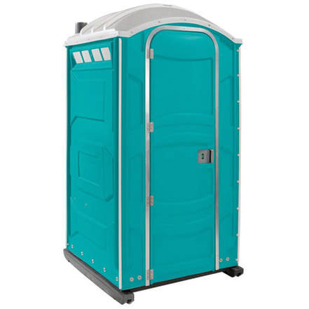 Teal regular portable toilet with a white roof
