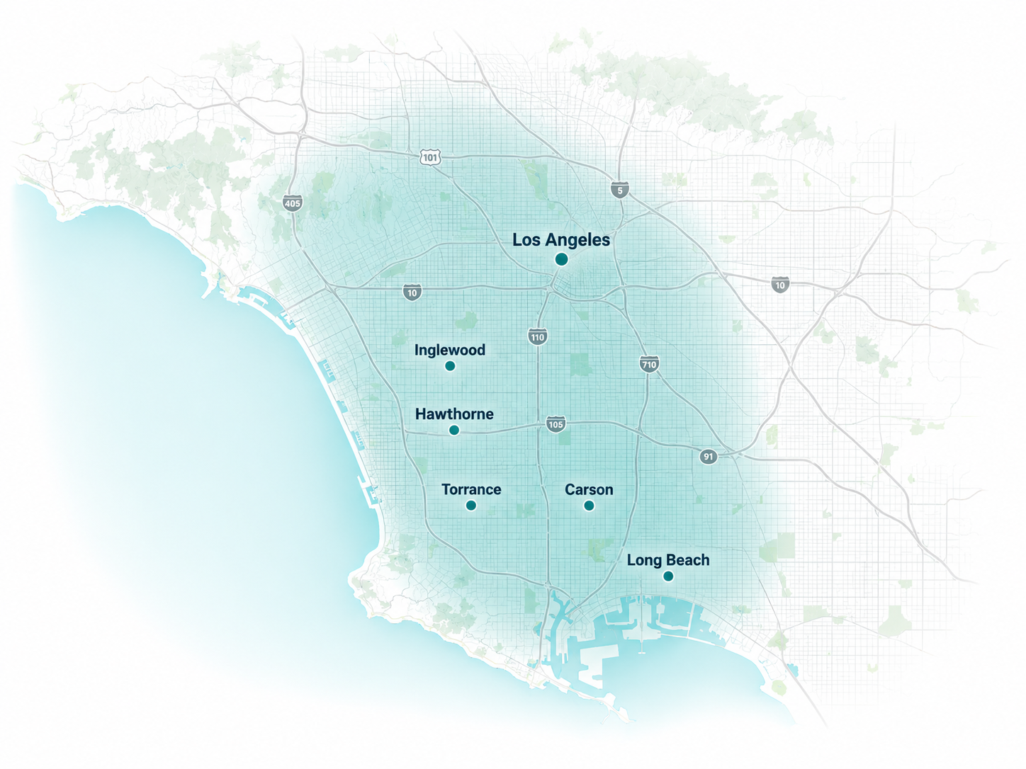 Illustrated approximate service area across Los Angeles, Inglewood, Hawthorne, Torrance, Carson and Long Beach, fading softly at the edges.